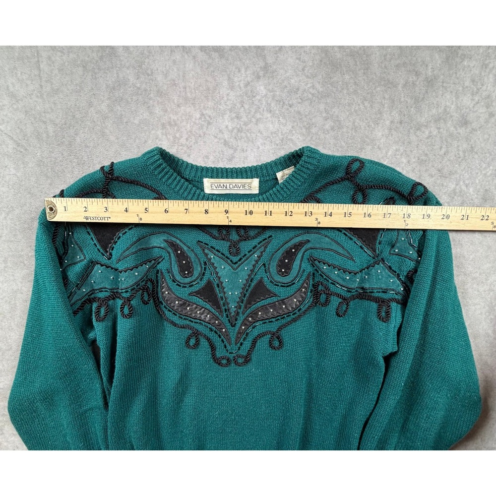 Evan Davies Vintage Womens Small Sweater Ramie Cotton Teal Western Applique - Picture 7 of 9